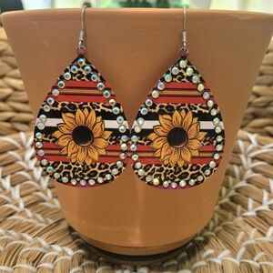 Sunflower Teardrop Earrings with Rhinestones New
